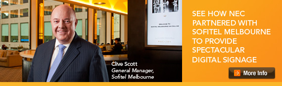 SEE HOW NEC PARTNERED WITH SOFITEL MELBOURNE TO PROVIDE SPECTACULAR DIGITAL SIGNAGE.
