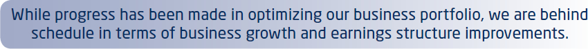 While progress has been made in optimizing our business portfolio, we are behind schedule in terms of business growth and earnings structure improvements.