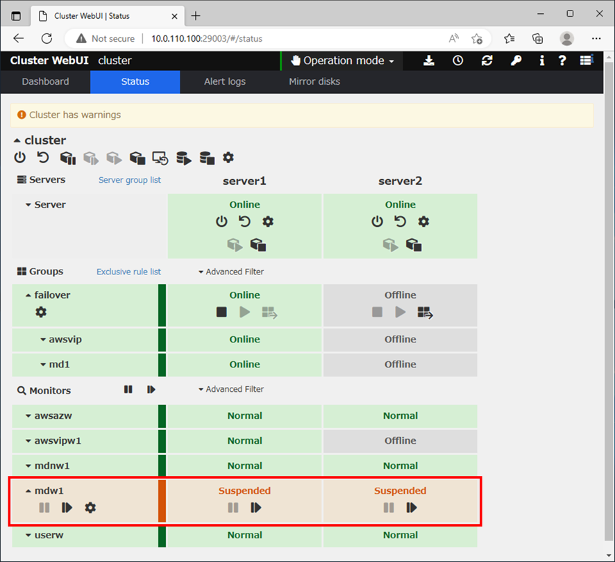 Suspend the Mirror Disk Monitor Resource Linux