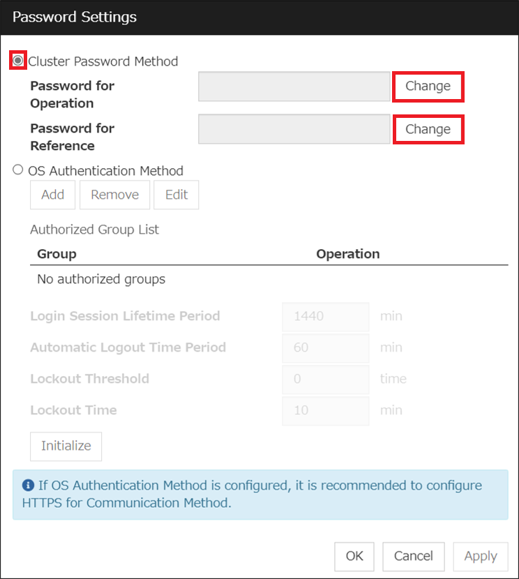 Click Password for Operation or Reference