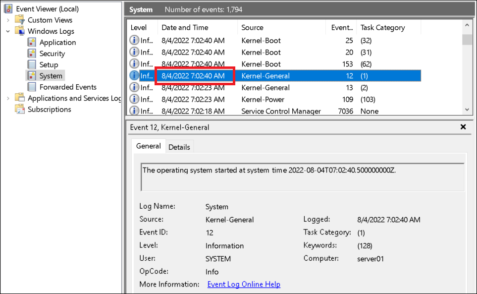 Event log - System