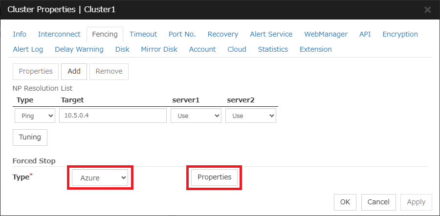 Cluster Properties - Forced Stop Resource 1