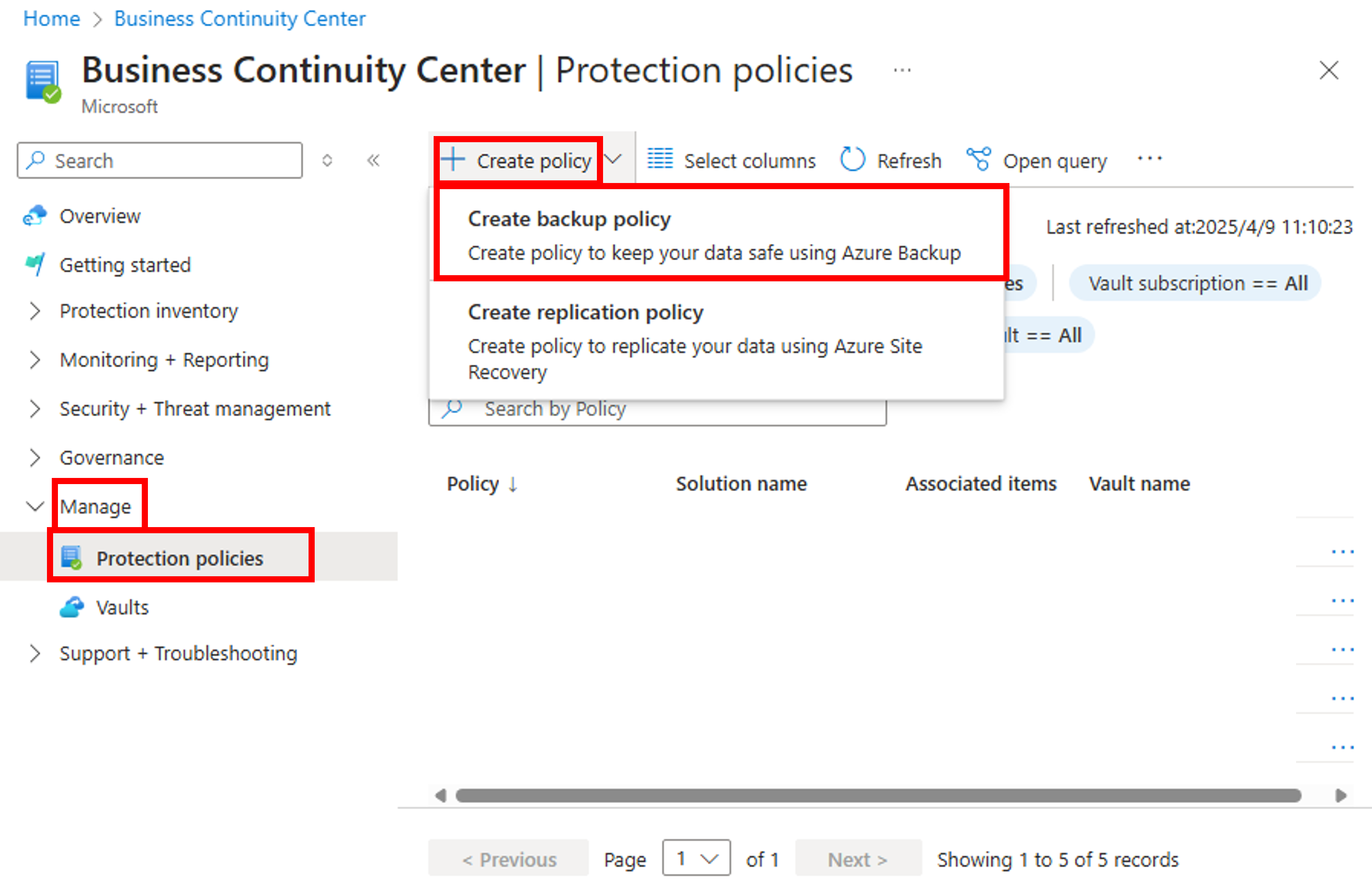 Create backup policy