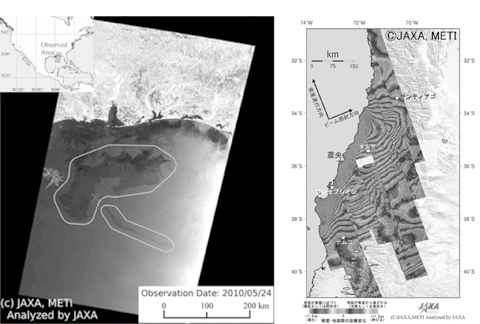 Disaster monitoring: Gulf of Mexico oil spill disaster, Off-New Orleans (Left) and interferogram of diastrophism, Chili earthquake (Right).