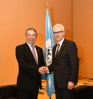 (from left) Dr. Nobuhiro Endo, President, NEC Corporation; Dr. Jurgen Stock, INTERPOL Secretary General