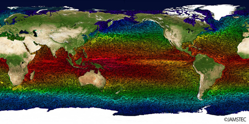 The result of a super-high-resolution, quasi-global simulation of the ocean with the Ocean General Circulation Model for the Earth Simulator (OFES) (Photo provided by JAMSTEC)