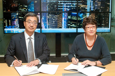 (Left) Nobuhiko Nakatsu, Chief Operating Officer, NEC Europe (Right) Councillor Denise Hyland, Leader of the Royal Borough of Greenwich